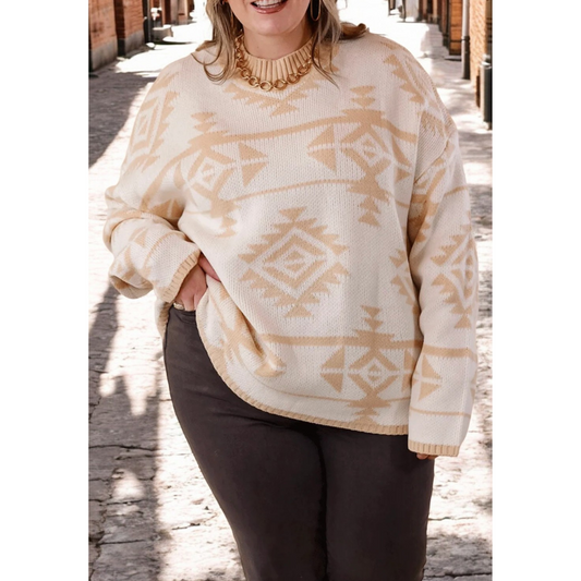 Look The Part, Long Sleeve Geometric Print Sweater (1X-4X)