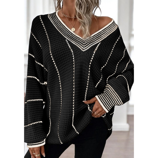 Perfect Example Of Perfection, Long Sleeve V Neck Colorblock Sweater