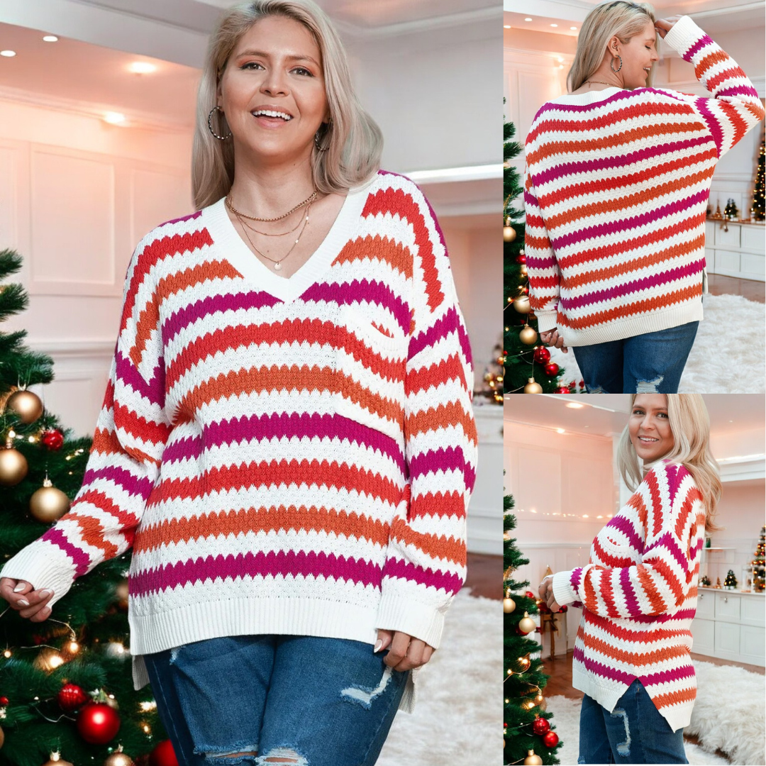 Just A Feeling, Long Sleeve V Neck Colorblock Sweater (1X-4X)