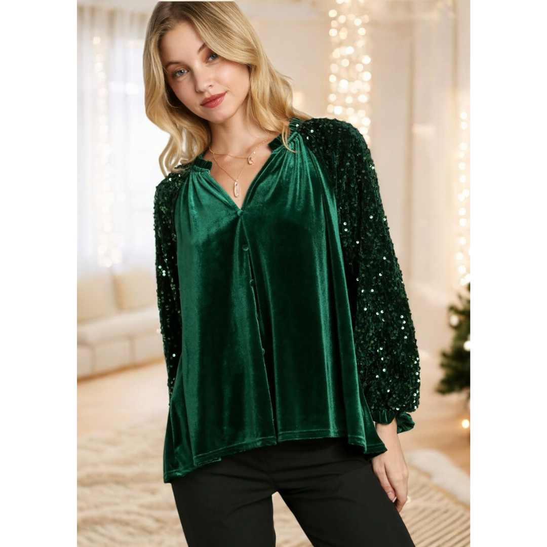 Don't Think Twice, Sequin Long Sleeve V Neck Top