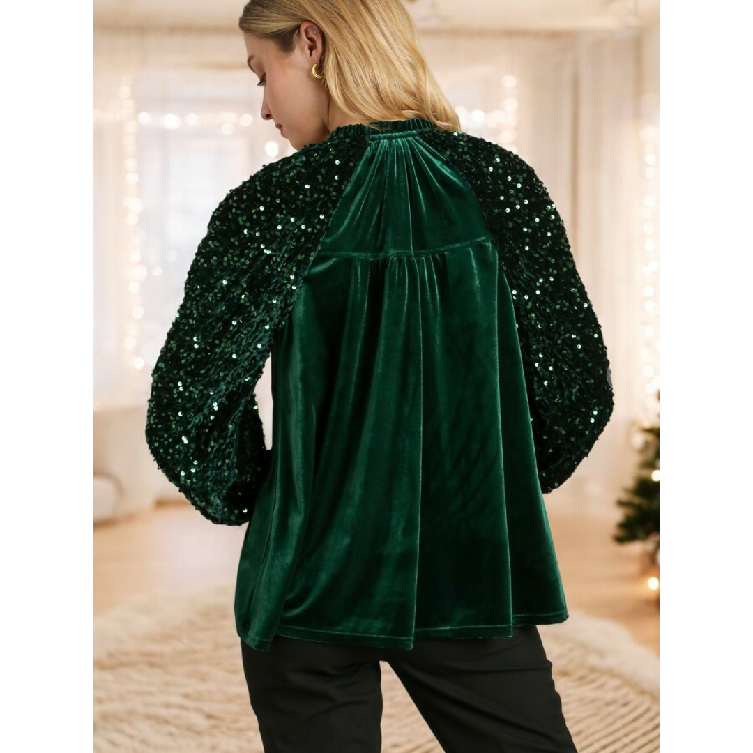 Don't Think Twice, Sequin Long Sleeve V Neck Top