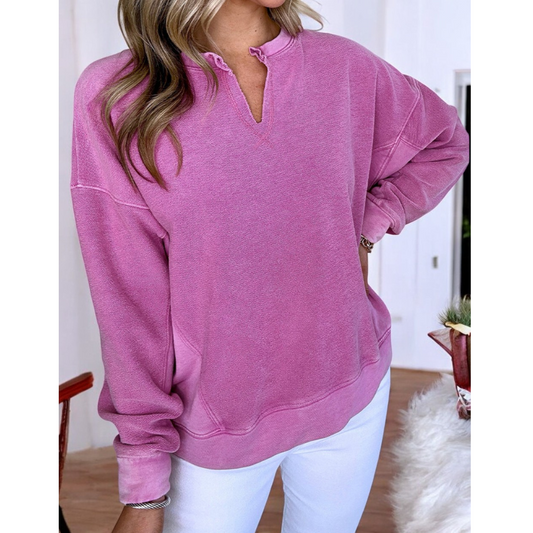 Sweetness Overload, Long Sleeve Relax Fit Notched V Neck Pullover