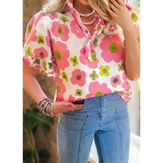 Go For It, Short Ruffle Sleeve V Neck Floral Top
