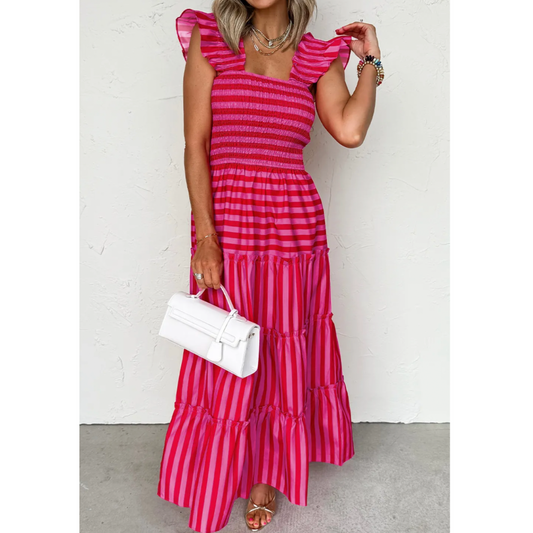 Be The Inspiration, Short Ruffle Sleeve Stripe Maxi Dress