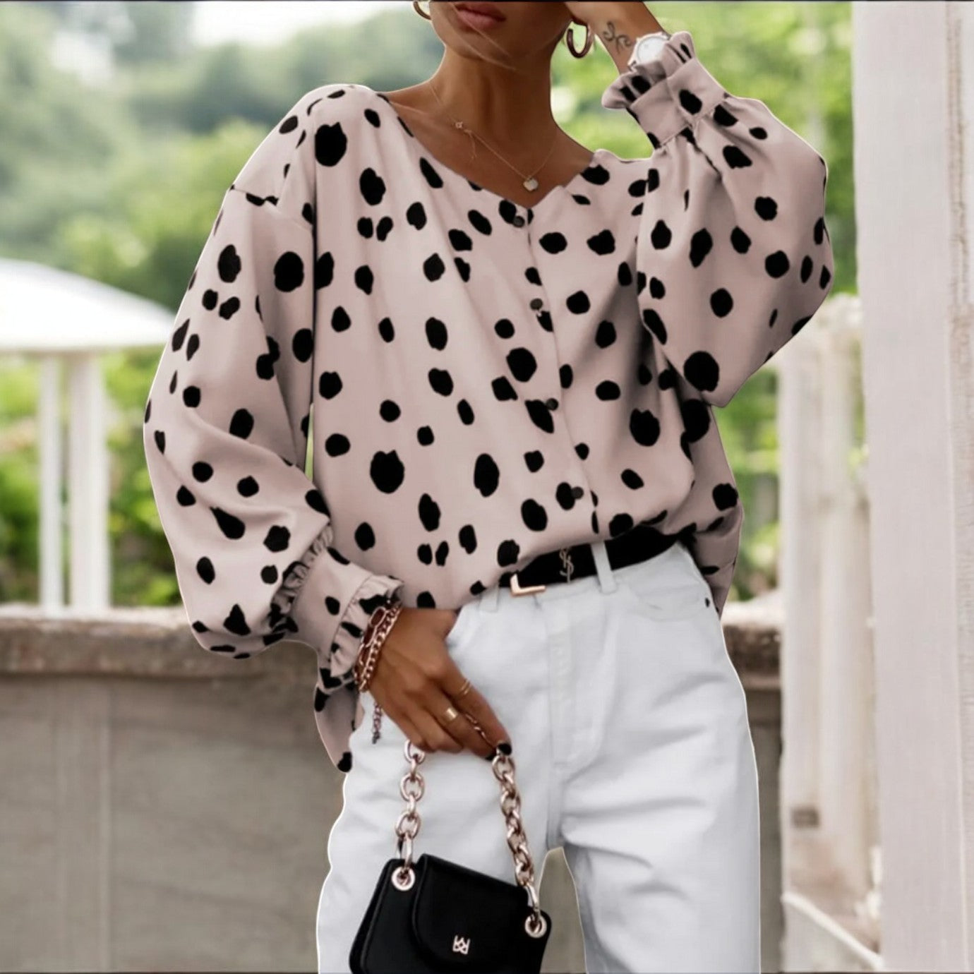 Across The Room, Long Cuff Sleeve Spotted Blouse