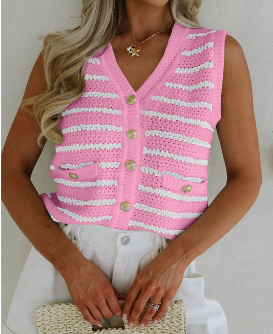 Just Walk By, Sleeveless V Neck Button Down Sweater Tank