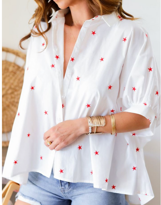 Playful Pop of Personality, Short Sleeve Oversize Star Embossed Shirt