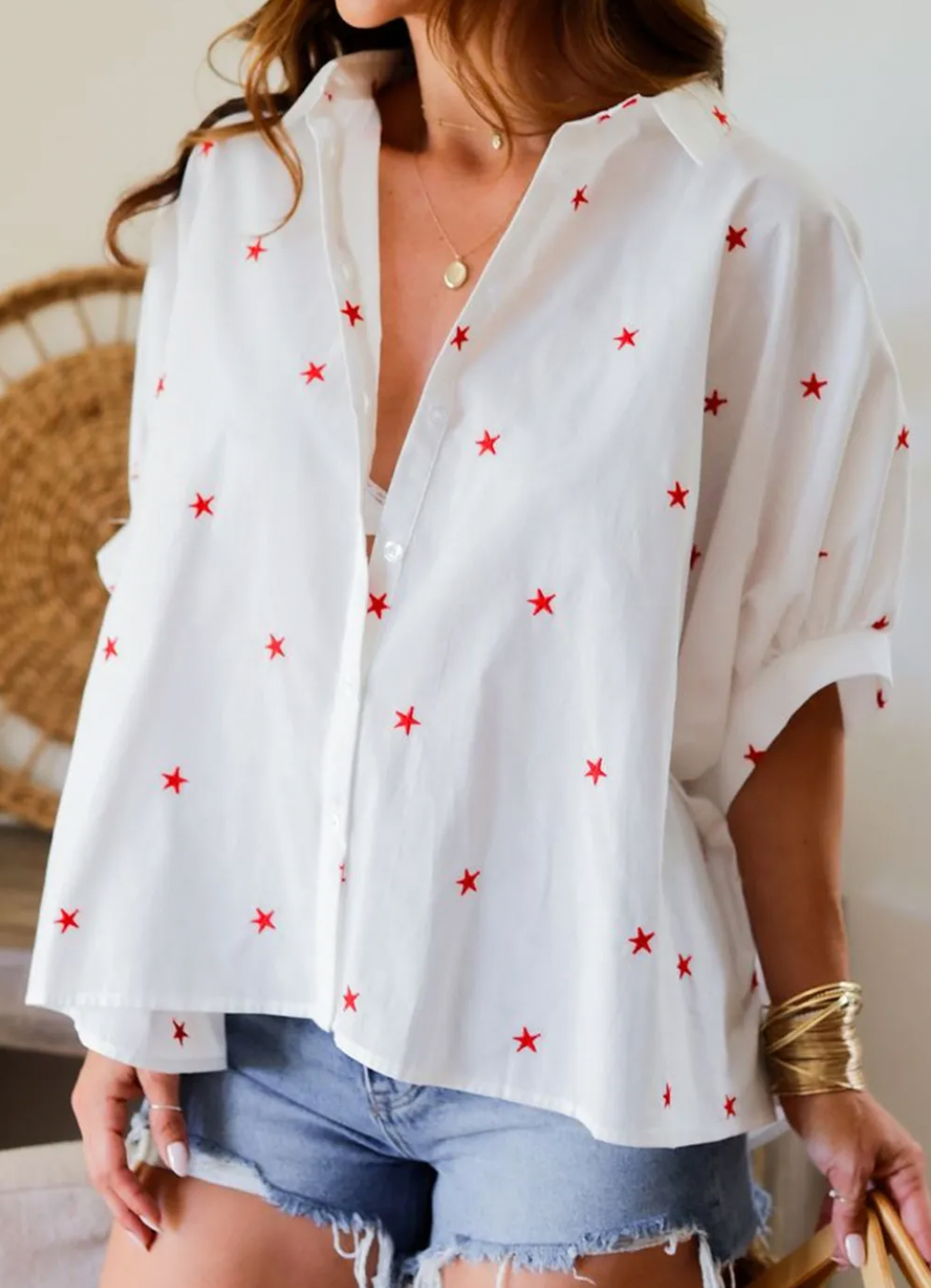 Playful Pop of Personality, Short Sleeve Oversize Star Embossed Shirt