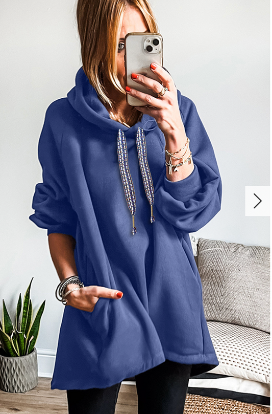 Chill Mode, Longline Hoodie with Patterned Drawstrings