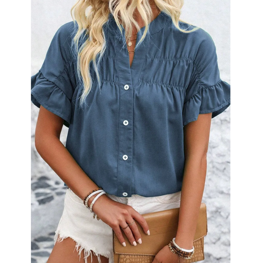 Answer The Call, Ruched Short Sleeve Button Down Shirt