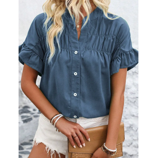 Answer The Call, Ruched Short Sleeve Button Down Shirt