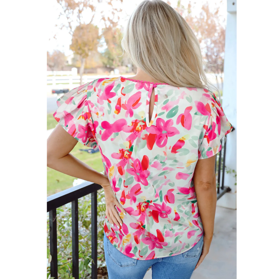 Glad To See You, Short Flutter Sleeve Floral Top