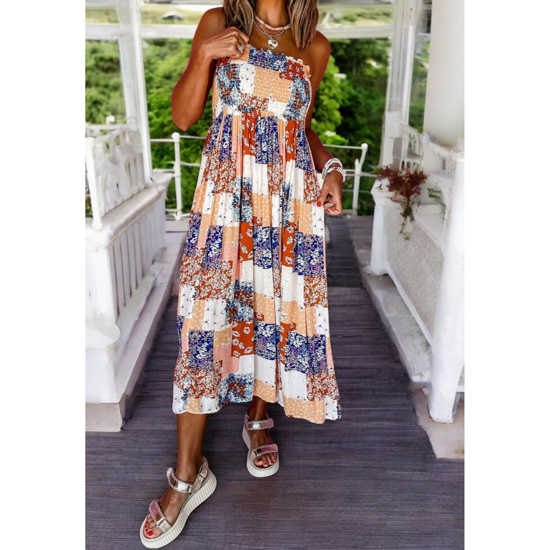 The Latest Addition, Strapless Mix Pattern Patchwork Midi Dress