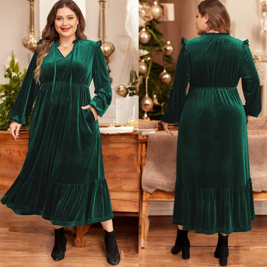 Get To Know You, Long Sleeve Velvet Babydoll Midi Dress (1X-3X)