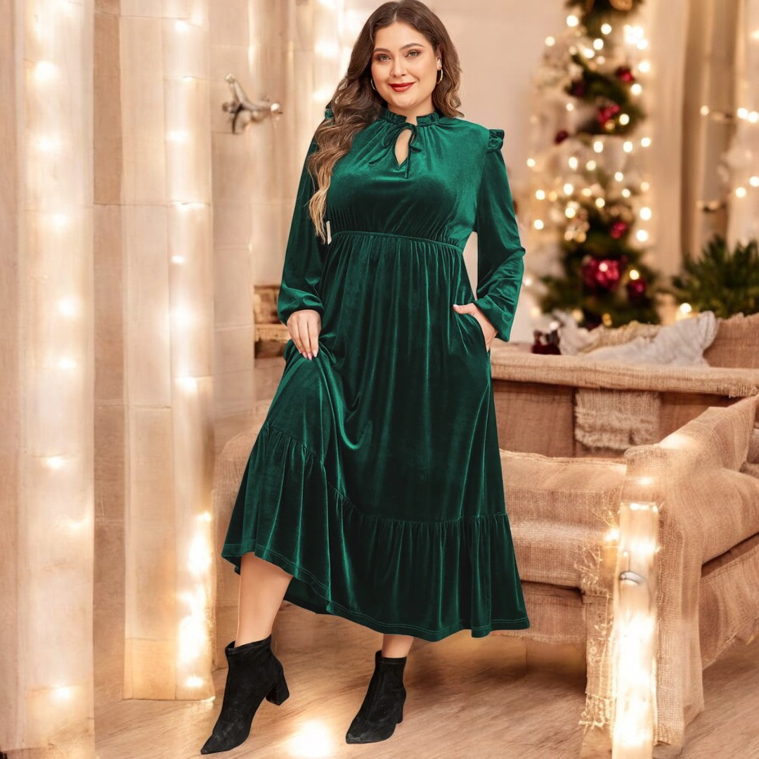 Get To Know You, Long Sleeve Velvet Babydoll Midi Dress (1X-3X)