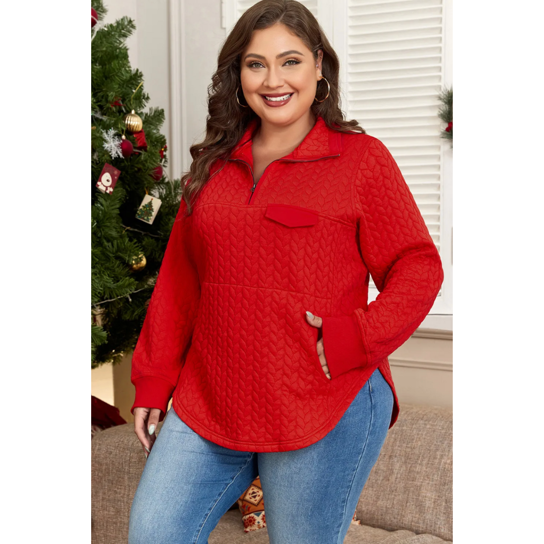 Let's Get Loud, Long Sleeve Quarter Zip Curvy Girl Pullover with Pockets