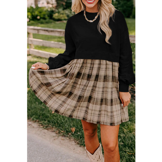 Everywhere You Go, Long Sleeve Plaid Colorblock Dress