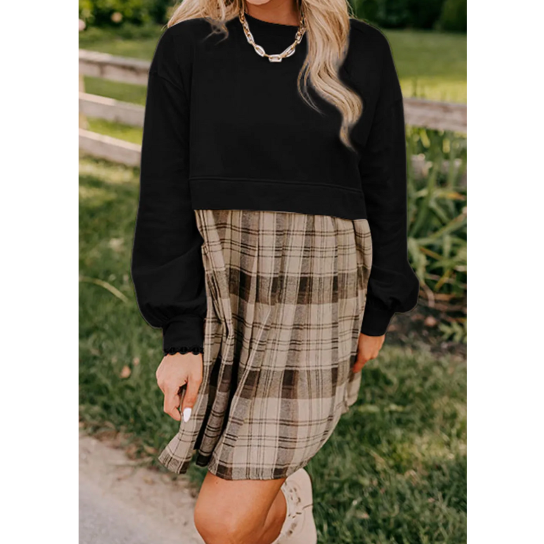 Everywhere You Go, Long Sleeve Plaid Colorblock Dress