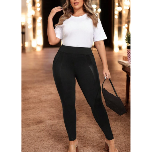 Magically Fabulous, Curvy Girl Tummy Control Leather Splice Leggings (1X-5X)