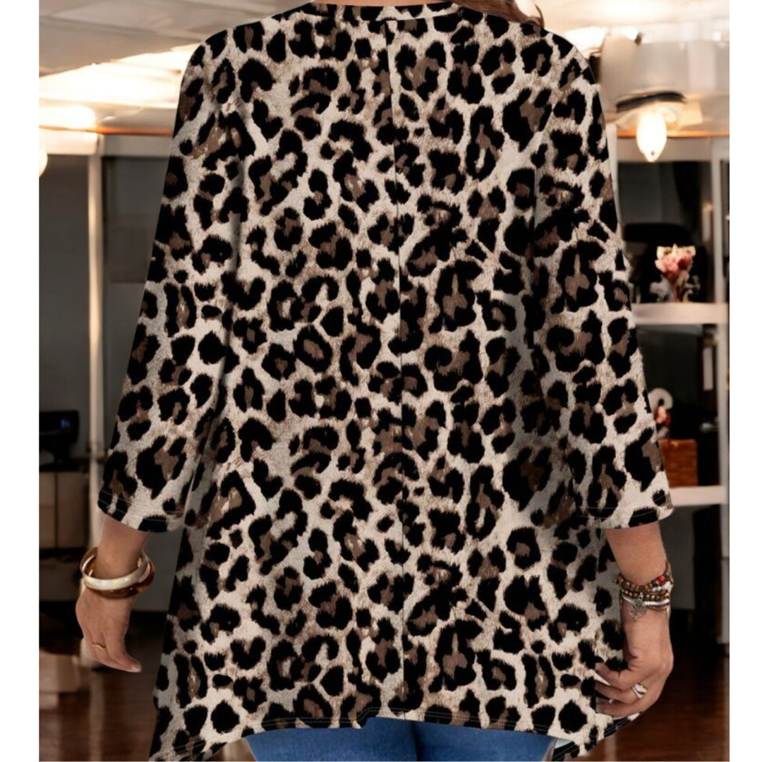 Move On Over, Long Sleeve Leopard Asymmetrical Tunic (Small-5X)