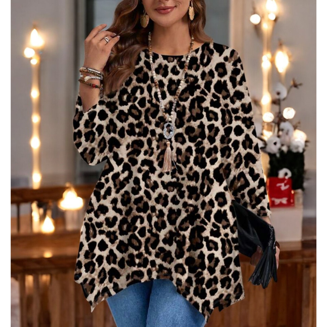 Move On Over, Long Sleeve Leopard Asymmetrical Tunic (Small-5X)