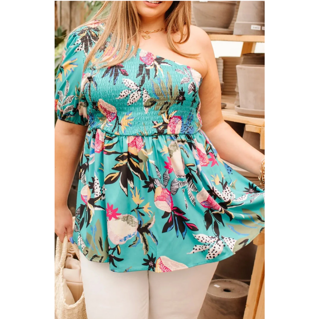 Uptown Girl, One Shoulder Floral Tunic (1X-4X)