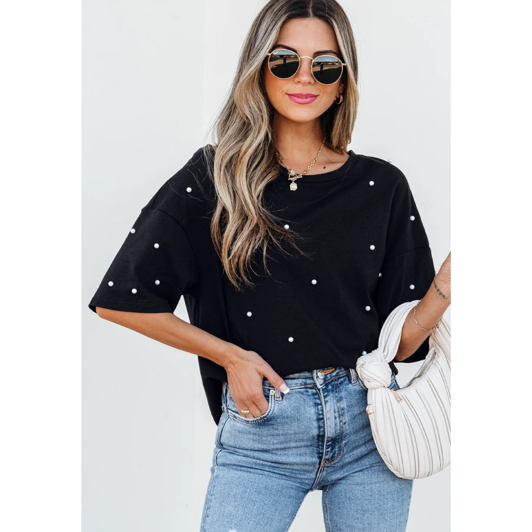 Pearls and Jeans, Short Sleeve T-Shirt with Pearl Accents