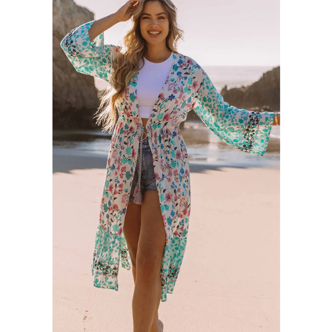 All Smiles, Long Sleeve Sheer Floral Kimono with Waist Tie