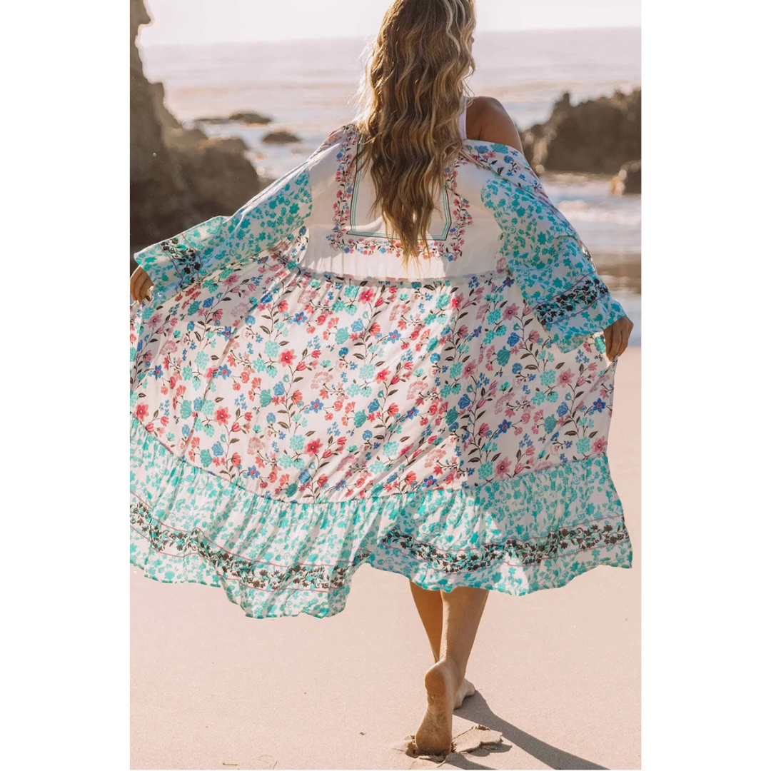 All Smiles, Long Sleeve Sheer Floral Kimono with Waist Tie