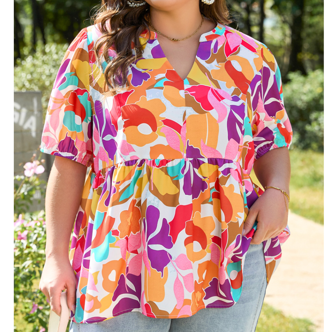 Sunny Days Ahead, Short Sleeve Abstract Babydoll Top (1X-4X)