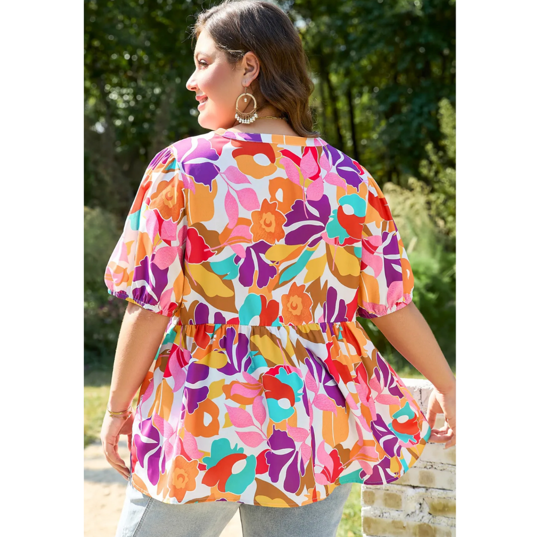 Sunny Days Ahead, Short Sleeve Abstract Babydoll Top (1X-4X)