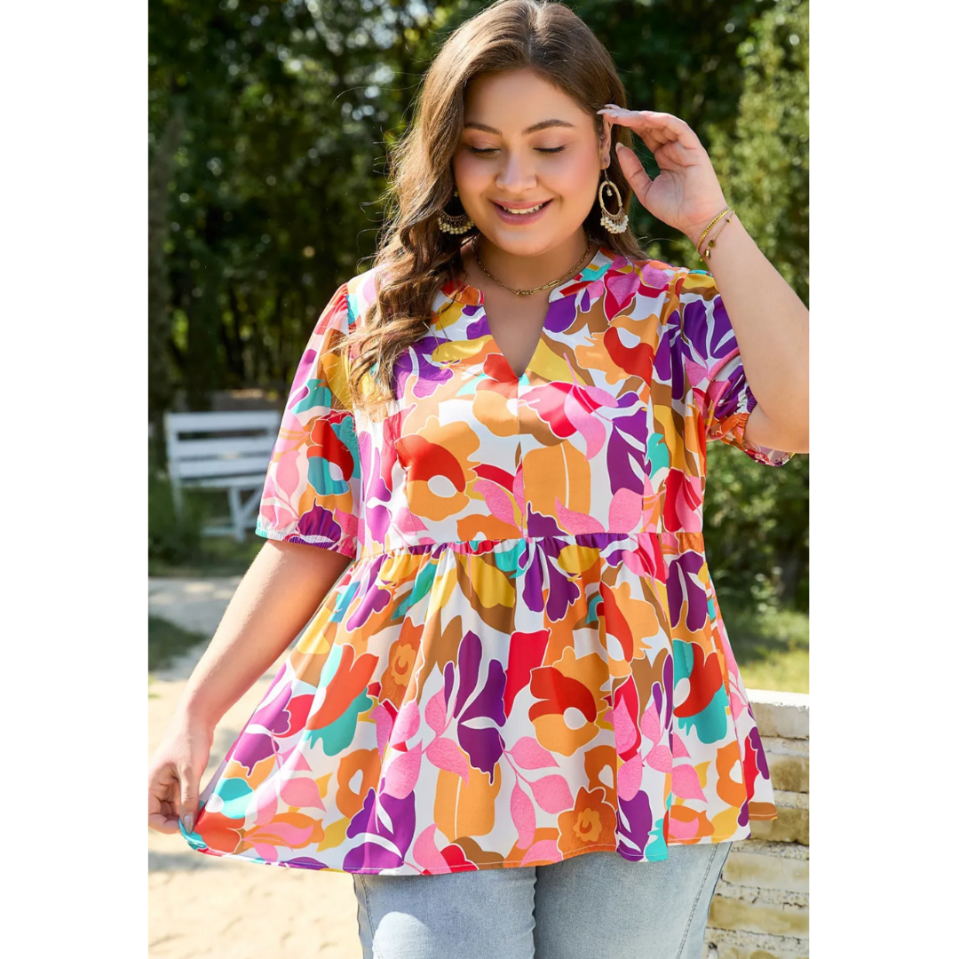 Sunny Days Ahead, Short Sleeve Abstract Babydoll Top (1X-4X)