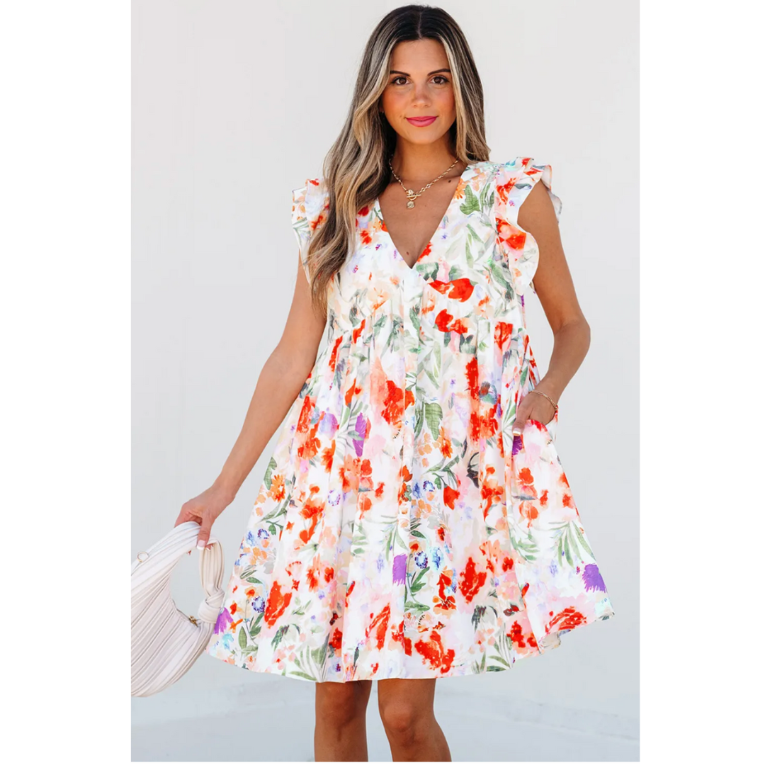 Beyond Beauty, Short Ruffle Sleeve Floral Babydoll Dress with Pockets