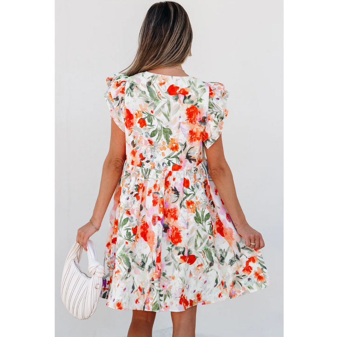 Beyond Beauty, Short Ruffle Sleeve Floral Babydoll Dress with Pockets