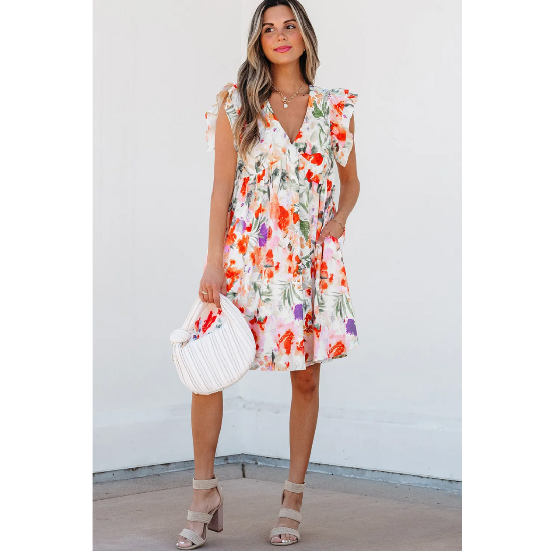 Beyond Beauty, Short Ruffle Sleeve Floral Babydoll Dress with Pockets