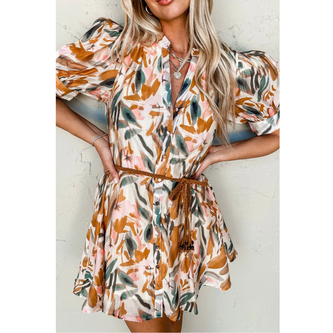 Love Always Finds A Way, Short Puff Sleeve Abstract Button Down Dress With Waist Tie