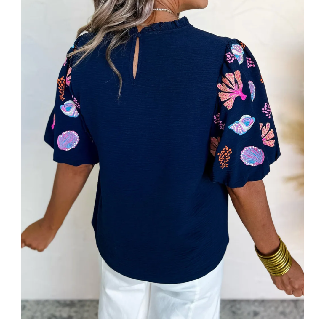 Vibrant Ocean Views,  Embroidered Short Sleeve Top