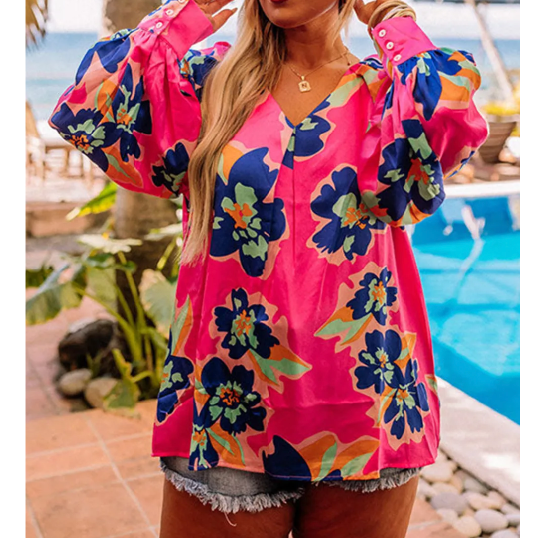 Off To A Great Start, Long Sleeve Floral Blouse (1X-4X)