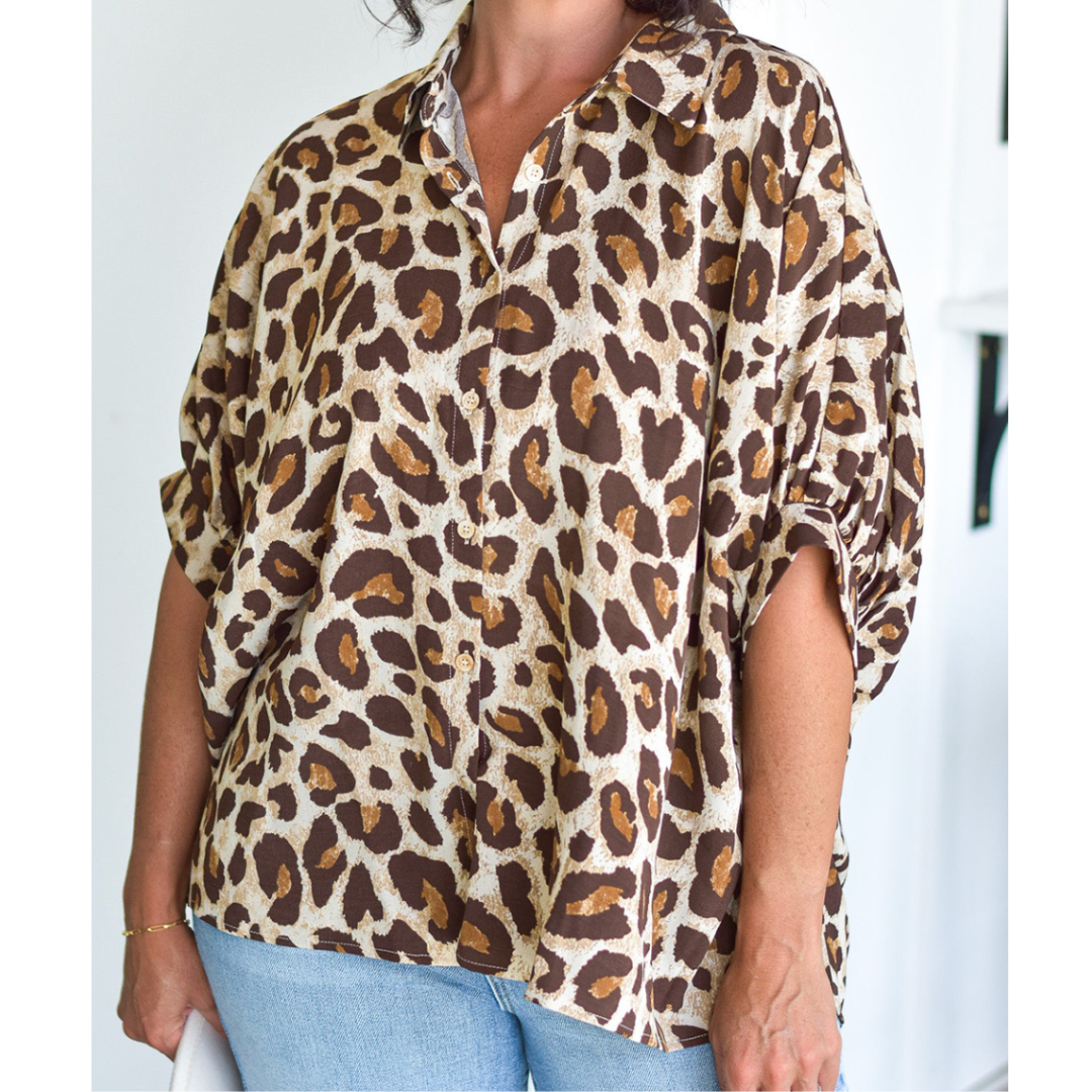 Crazy Wild, Short Sleeve Button Down Leopard Shirt (1X-4X)