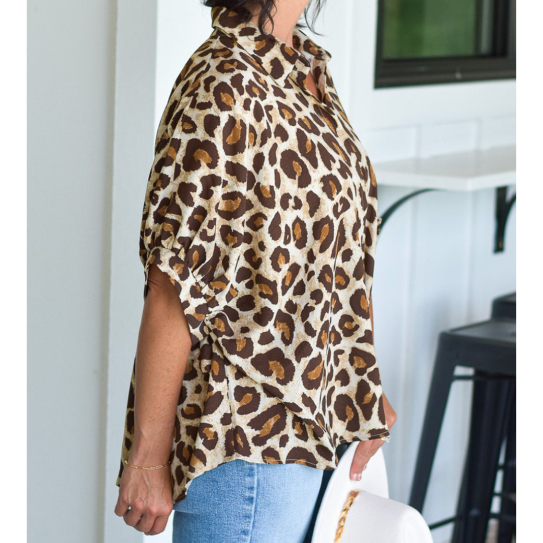 Crazy Wild, Short Sleeve Button Down Leopard Shirt (1X-4X)