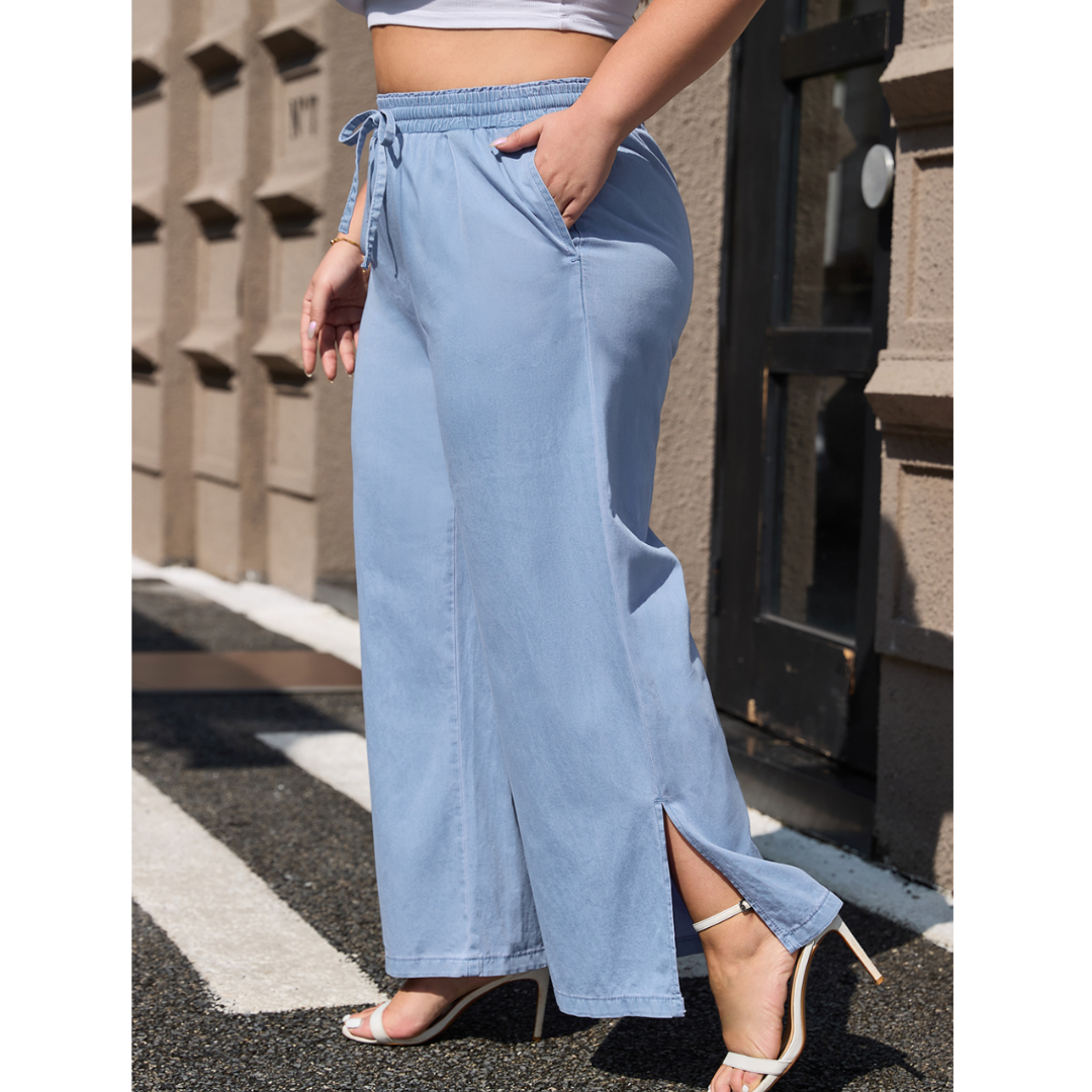 With Ease, Pull-on Elastic Wide Leg Jeans with Side Slits