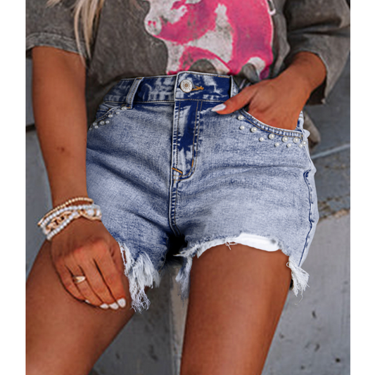 Pearl Jam, Stretchy Denim Shorts With Pearl Accents