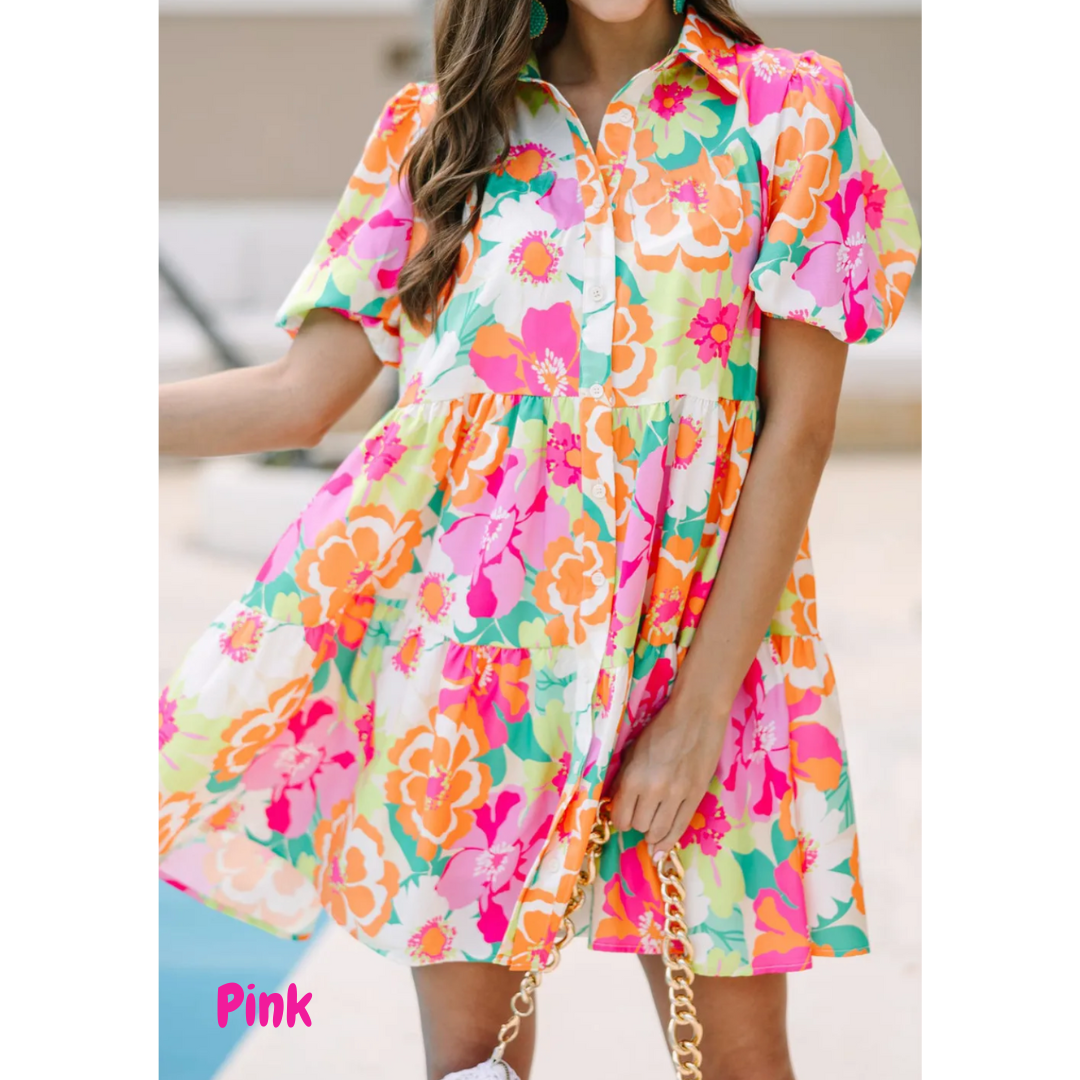 Give It A Moment, Short Sleeve Floral Babydoll Dress with Pockets