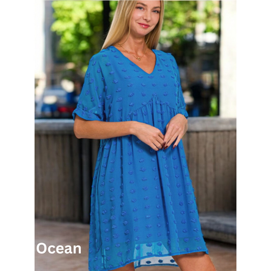 The Skies The Limit, Short Sleeve V Neck Babydoll Dress