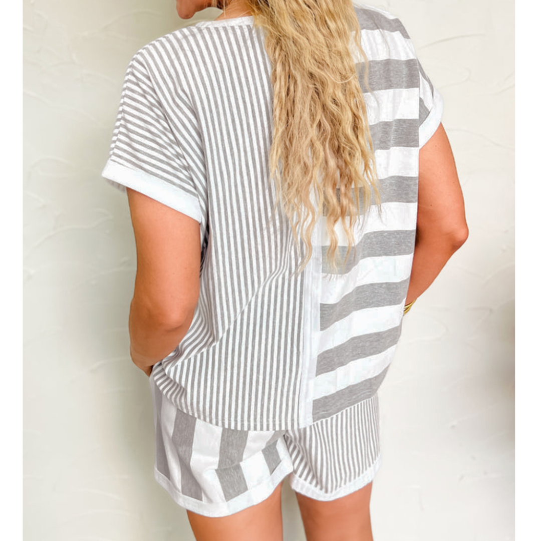 Sprint On Over, Short Sleeve Stripe Colorblock Short Set