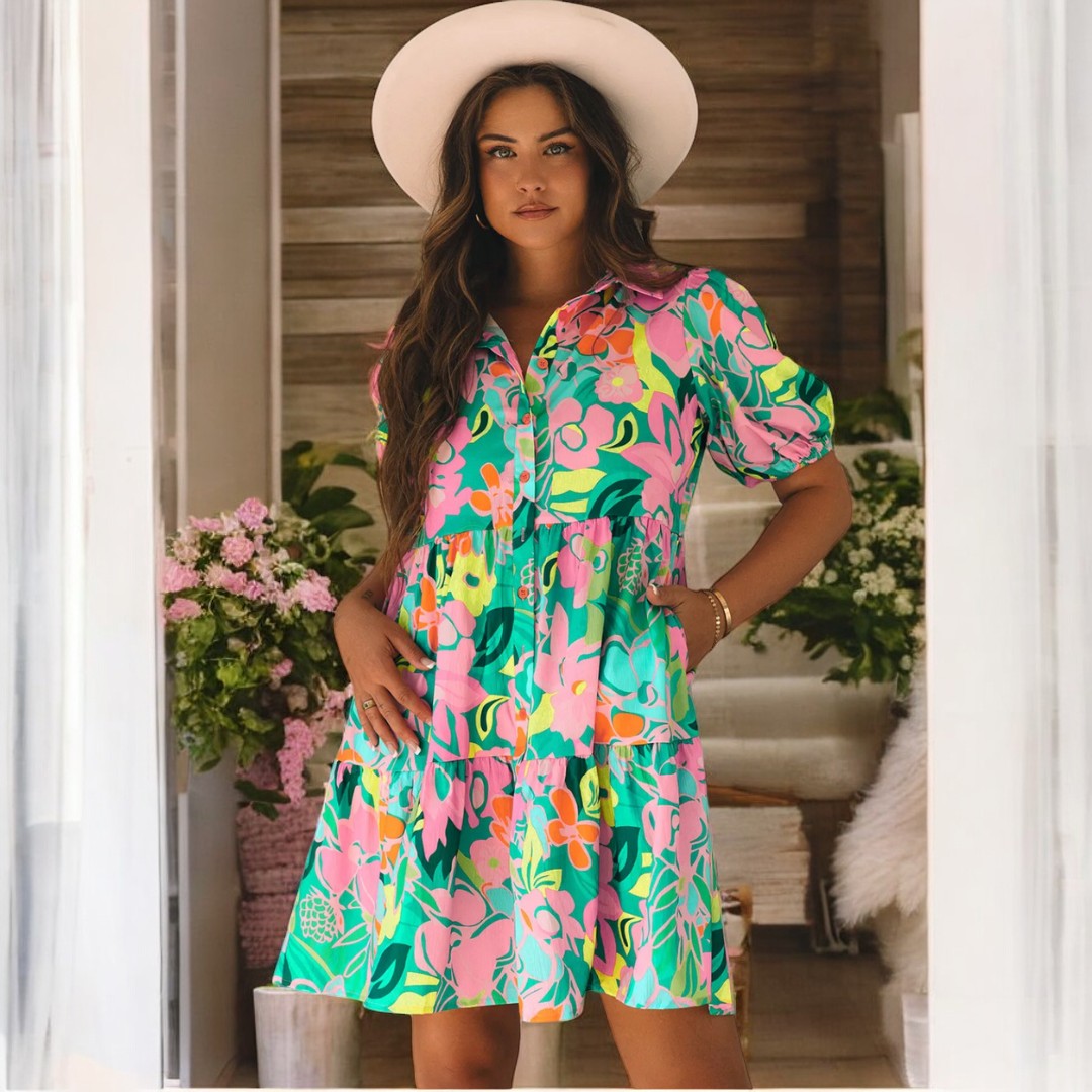 Give It A Moment, Short Sleeve Floral Babydoll Dress with Pockets