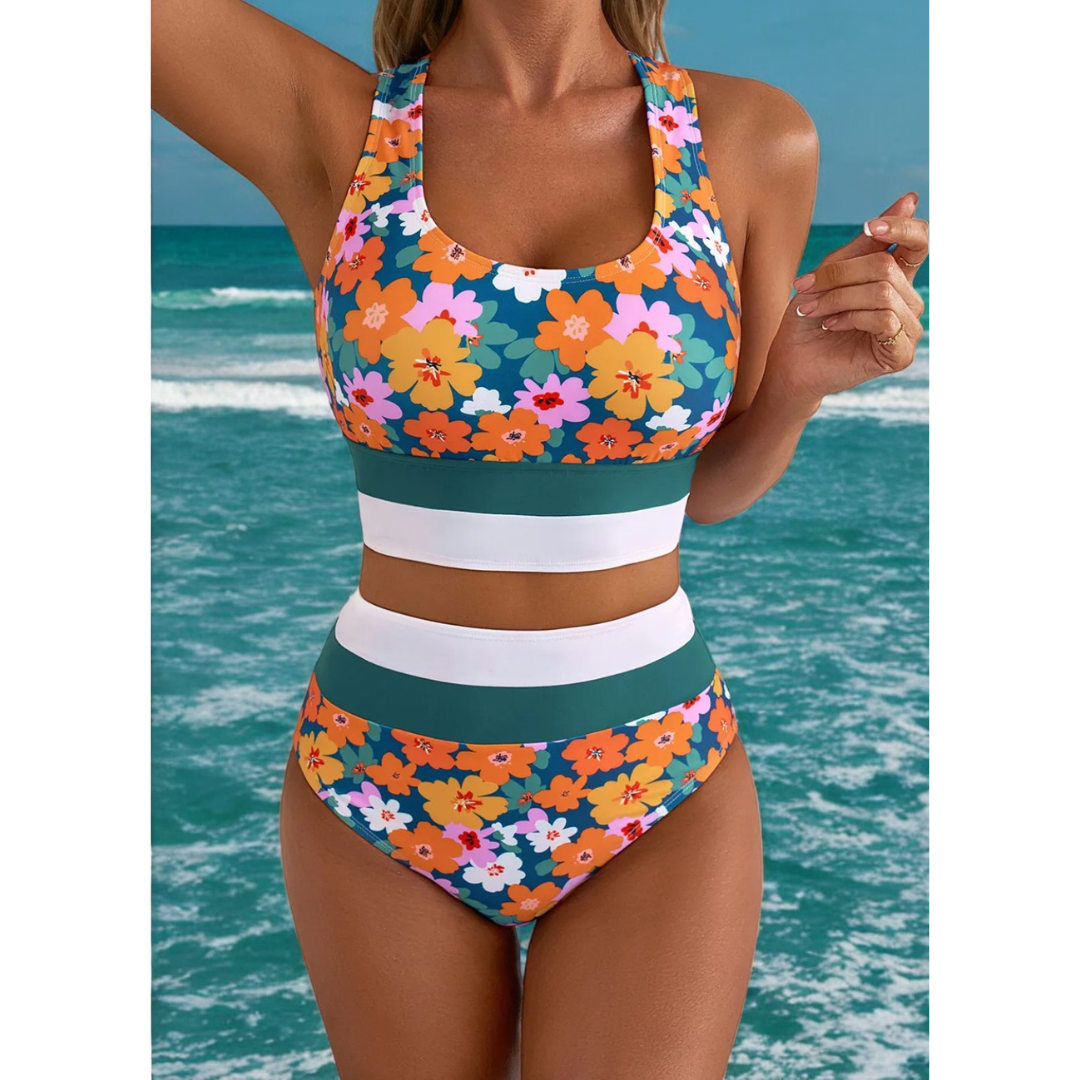 Ocean Views, Floral Print Racerback High Waist Bikini Set