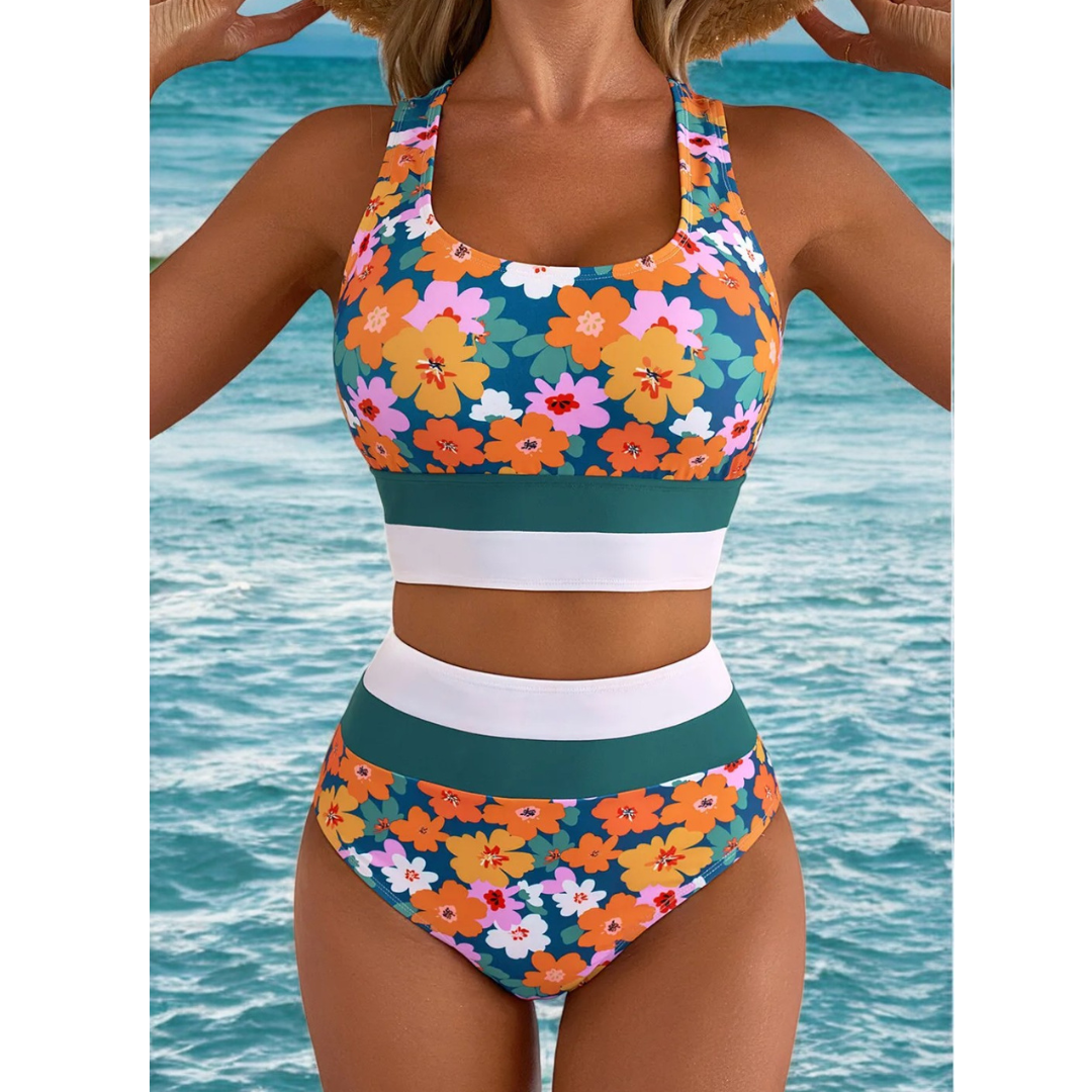 Ocean Views, Floral Print Racerback High Waist Bikini Set