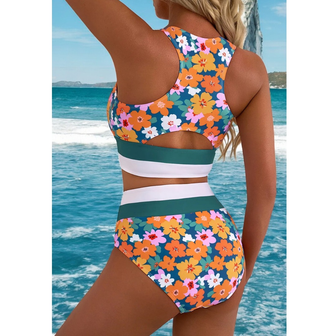 Ocean Views, Floral Print Racerback High Waist Bikini Set