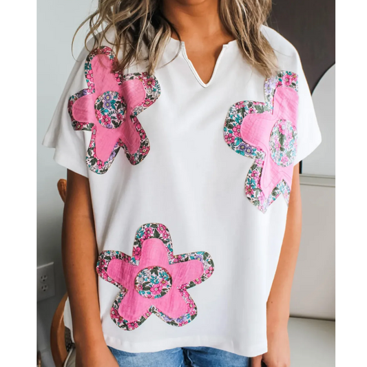 Always Wanted, White Floral Applique Notched V Neck Dolman Sleeve Top